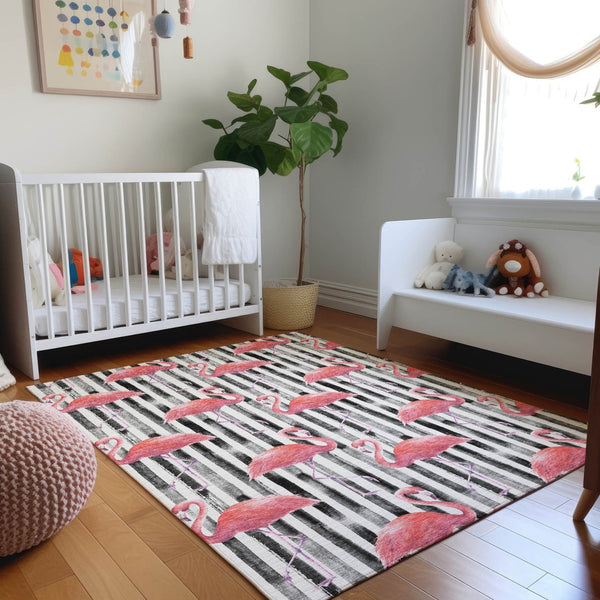 HomeRoots 8' X 10' Stylish Pink, Black & White Geometric Washable Area Rug with UV Protection for High-Traffic Areas 646359