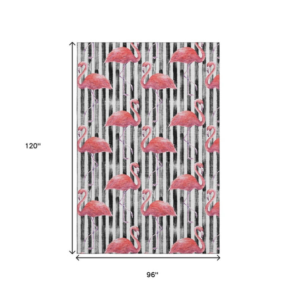 HomeRoots 8' X 10' Stylish Pink, Black & White Geometric Washable Area Rug with UV Protection for High-Traffic Areas 646359