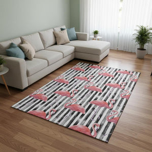 HomeRoots 9' X 12' Stylish Pink, Black & White Geometric Area Rug - Washable, UV Protected, Kid & Pet Friendly! 646360