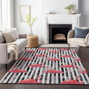 HomeRoots 9' X 12' Stylish Pink, Black & White Geometric Area Rug - Washable, UV Protected, Kid & Pet Friendly! 646360
