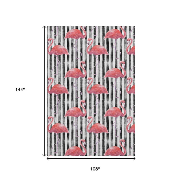 HomeRoots 9' X 12' Stylish Pink, Black & White Geometric Area Rug - Washable, UV Protected, Kid & Pet Friendly! 646360
