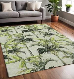 HomeRoots 5' X 8' Washable Geometric Area Rug in Green, Ivory & Charcoal - UV-Protected, Stain-Resistant Design 646363