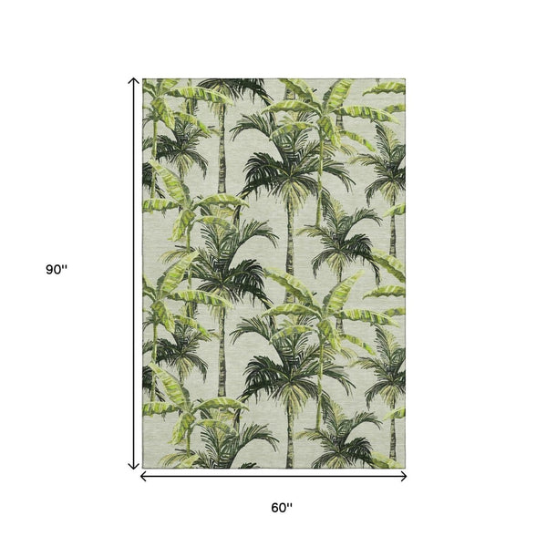 HomeRoots 5' X 8' Washable Geometric Area Rug in Green, Ivory & Charcoal - UV-Protected, Stain-Resistant Design 646363