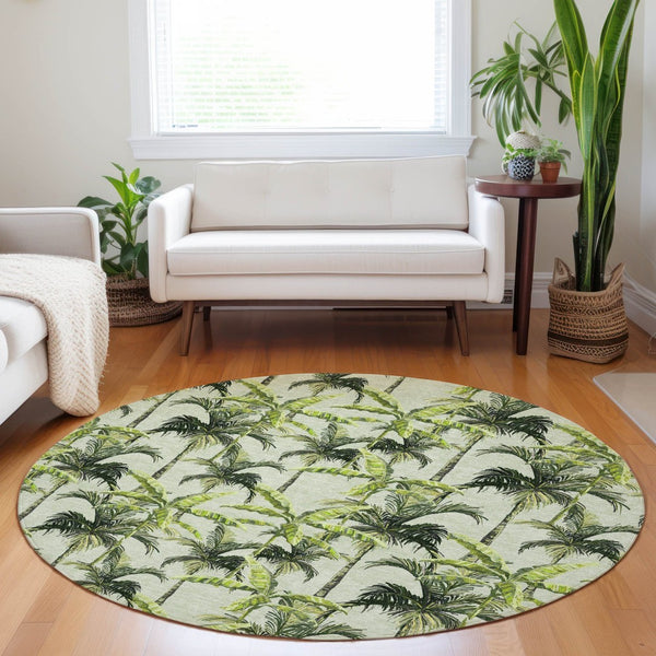 HomeRoots 8' Stylish Green Ivory Charcoal Geometric Washable Round Rug with UV Protection for High-Traffic Areas 646364