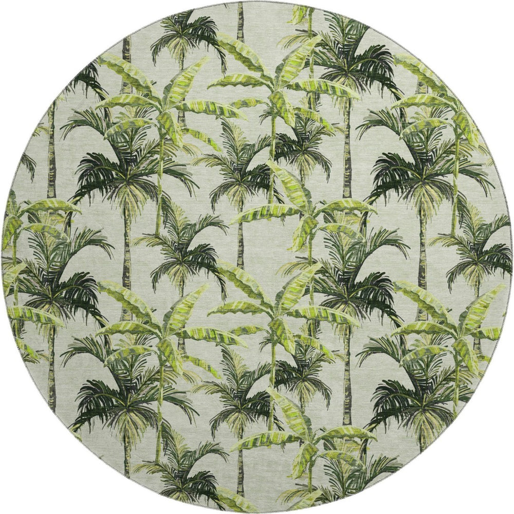 HomeRoots 8' Stylish Green Ivory Charcoal Geometric Washable Round Rug with UV Protection for High-Traffic Areas 646364
