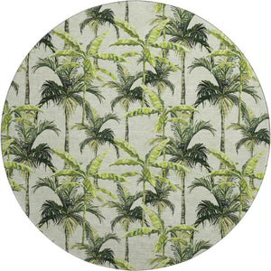 HomeRoots 8' Stylish Green Ivory Charcoal Geometric Washable Round Rug with UV Protection for High-Traffic Areas 646364