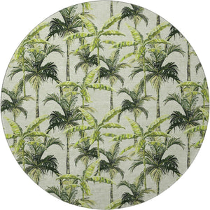 HomeRoots 8' Stylish Green Ivory Charcoal Geometric Washable Round Rug with UV Protection for High-Traffic Areas 646364