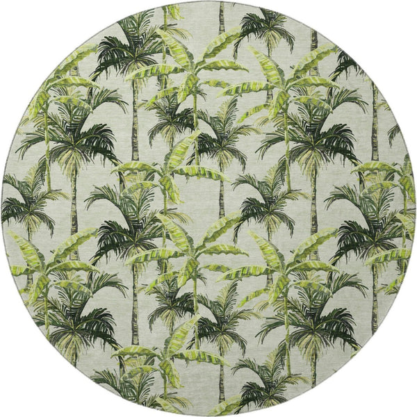 HomeRoots 8' Stylish Green Ivory Charcoal Geometric Washable Round Rug with UV Protection for High-Traffic Areas 646364