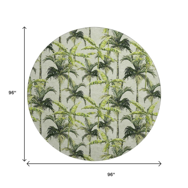 HomeRoots 8' Stylish Green Ivory Charcoal Geometric Washable Round Rug with UV Protection for High-Traffic Areas 646364