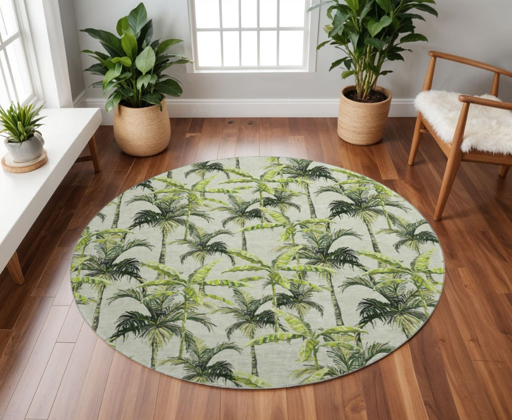 HomeRoots 8' Stylish Green Ivory Charcoal Geometric Washable Round Rug with UV Protection for High-Traffic Areas 646364