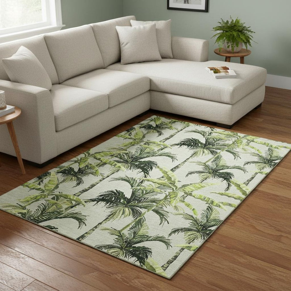 HomeRoots 8' X 10' Modern Geometric Washable Area Rug in Green, Ivory & Charcoal - UV Protected & Durable Design 646365