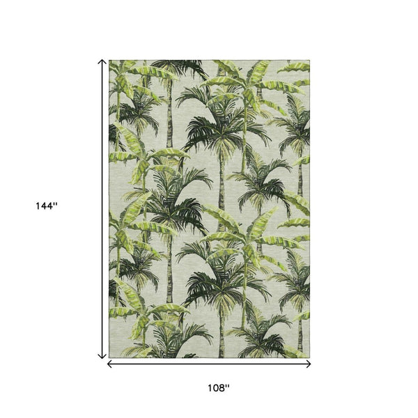 HomeRoots 9' Modern Geometric Washable Area Rug in Green, Ivory & Charcoal - UV Protected for High Traffic Spaces 646366
