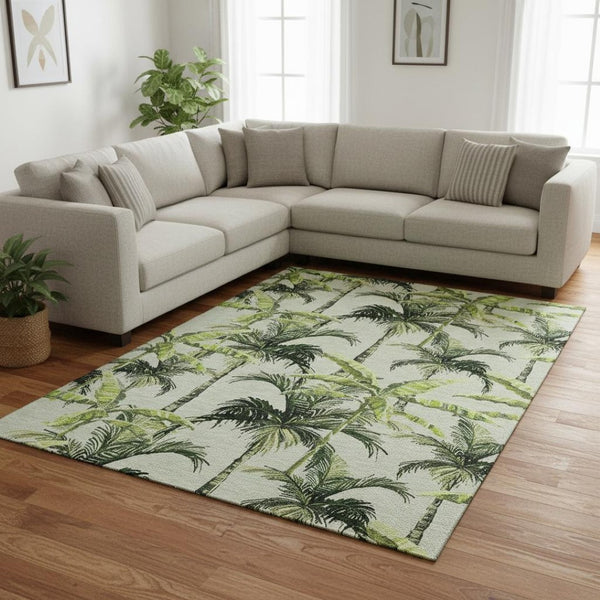 HomeRoots 9' Modern Geometric Washable Area Rug in Green, Ivory & Charcoal - UV Protected for High Traffic Spaces 646366