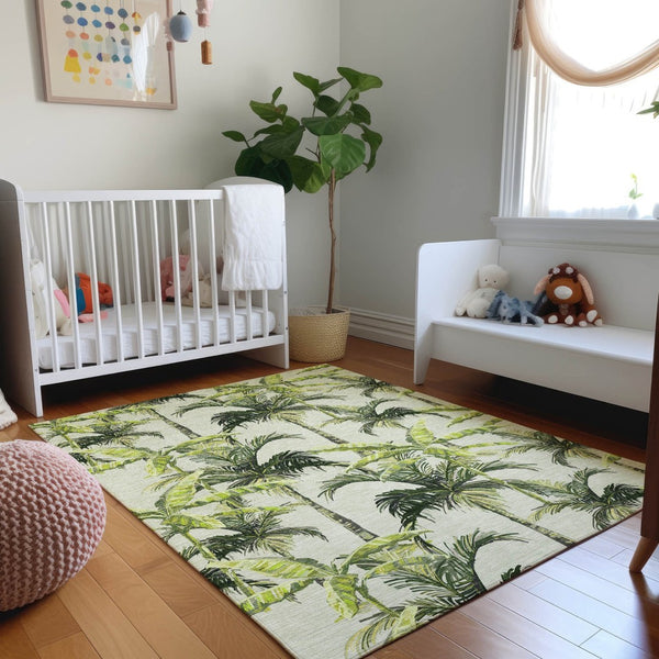 HomeRoots 9' Modern Geometric Washable Area Rug in Green, Ivory & Charcoal - UV Protected for High Traffic Spaces 646366