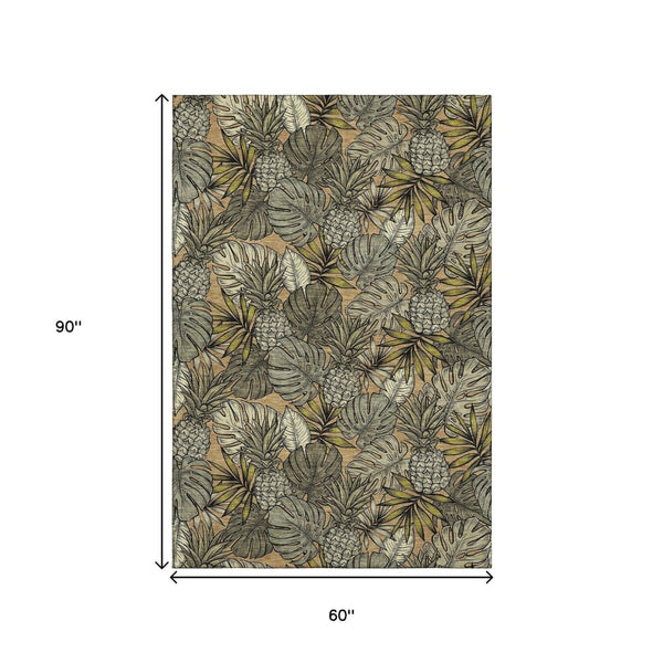 HomeRoots 5' Geometric Khaki Gray & Yellow Washable Area Rug - Durable, UV-Protected, Ideal for Kids & Pets 646369
