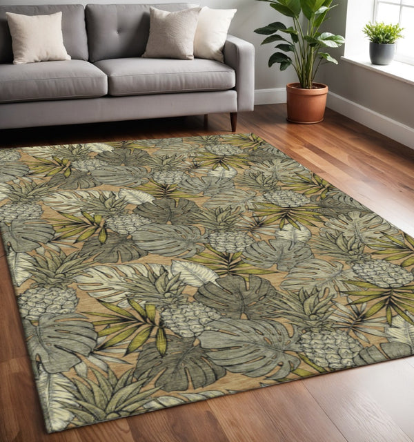 HomeRoots 5' Geometric Khaki Gray & Yellow Washable Area Rug - Durable, UV-Protected, Ideal for Kids & Pets 646369