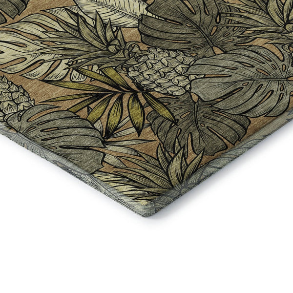 HomeRoots 5' Geometric Khaki Gray & Yellow Washable Area Rug - Durable, UV-Protected, Ideal for Kids & Pets 646369