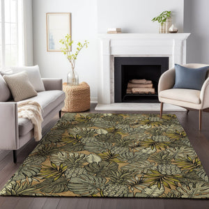 HomeRoots 5' Geometric Khaki Gray & Yellow Washable Area Rug - Durable, UV-Protected, Ideal for Kids & Pets 646369