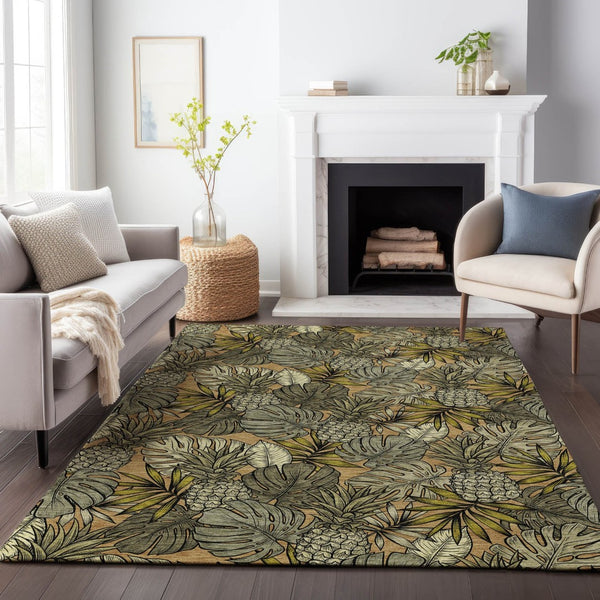 HomeRoots 5' Geometric Khaki Gray & Yellow Washable Area Rug - Durable, UV-Protected, Ideal for Kids & Pets 646369