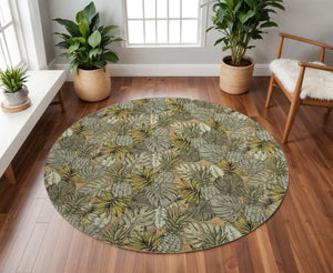 HomeRoots 8' Khaki Gray & Yellow Geometric Round Rug - Washable, UV-Protected, Soft & Durable for Modern Spaces 646370