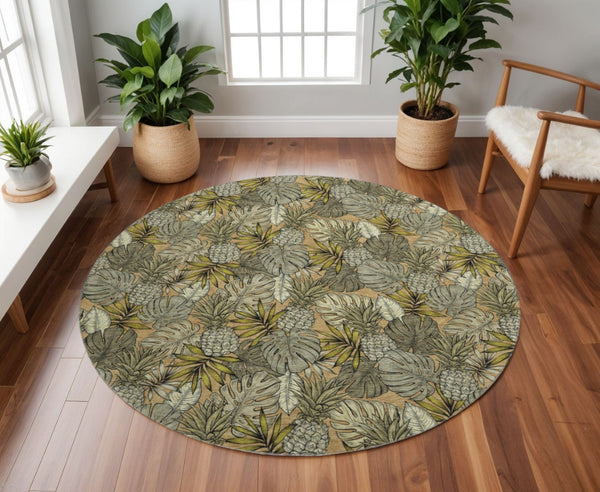HomeRoots 8' Khaki Gray & Yellow Geometric Round Rug - Washable, UV-Protected, Soft & Durable for Modern Spaces 646370