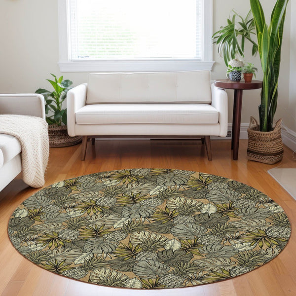 HomeRoots 8' Khaki Gray & Yellow Geometric Round Rug - Washable, UV-Protected, Soft & Durable for Modern Spaces 646370