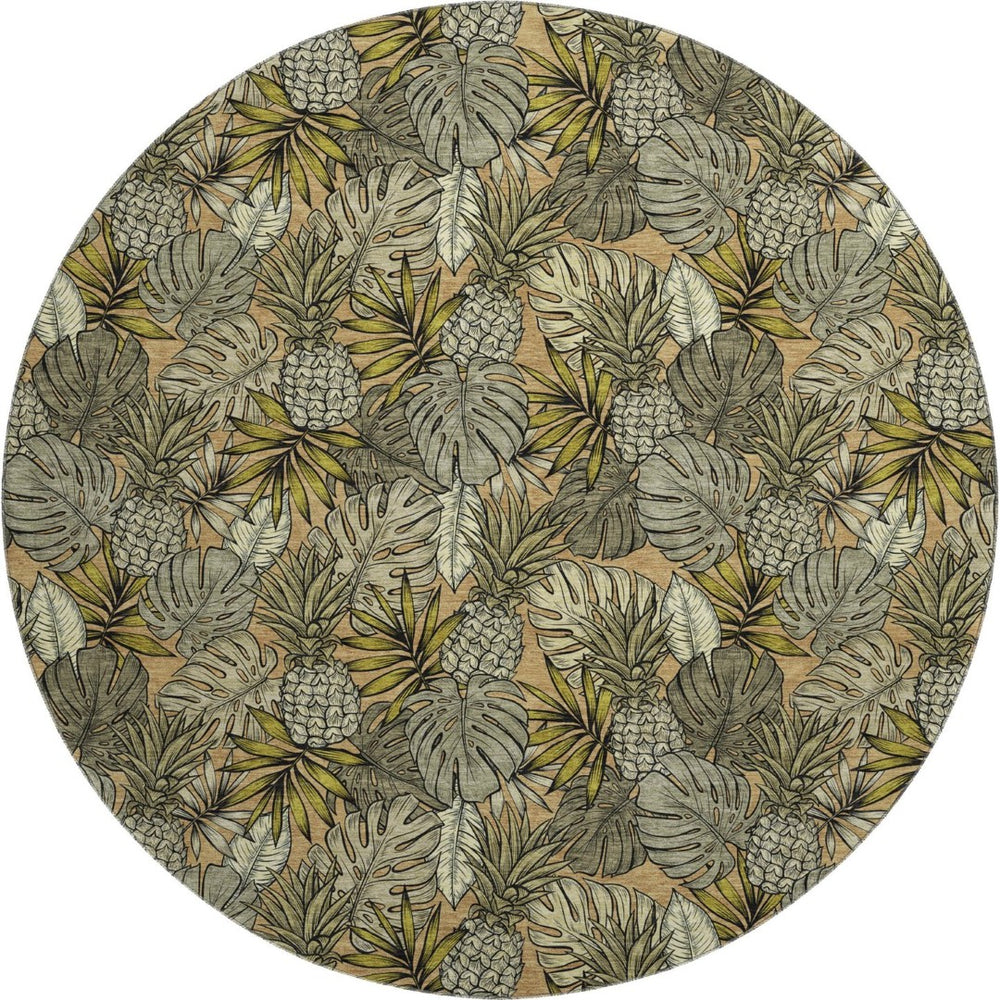HomeRoots 8' Khaki Gray & Yellow Geometric Round Rug - Washable, UV-Protected, Soft & Durable for Modern Spaces 646370