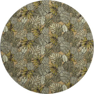 HomeRoots 8' Khaki Gray & Yellow Geometric Round Rug - Washable, UV-Protected, Soft & Durable for Modern Spaces 646370