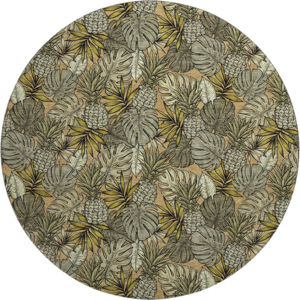 HomeRoots 8' Khaki Gray & Yellow Geometric Round Rug - Washable, UV-Protected, Soft & Durable for Modern Spaces 646370