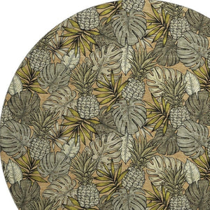 HomeRoots 8' Khaki Gray & Yellow Geometric Round Rug - Washable, UV-Protected, Soft & Durable for Modern Spaces 646370