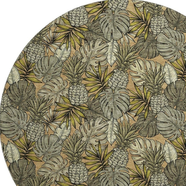 HomeRoots 8' Khaki Gray & Yellow Geometric Round Rug - Washable, UV-Protected, Soft & Durable for Modern Spaces 646370