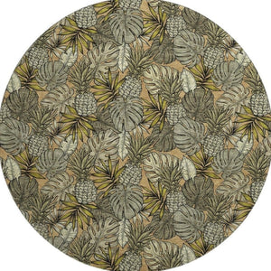 HomeRoots 8' Khaki Gray & Yellow Geometric Round Rug - Washable, UV-Protected, Soft & Durable for Modern Spaces 646370