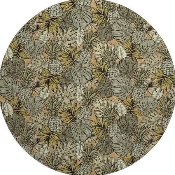 HomeRoots 8' Khaki Gray & Yellow Geometric Round Rug - Washable, UV-Protected, Soft & Durable for Modern Spaces 646370