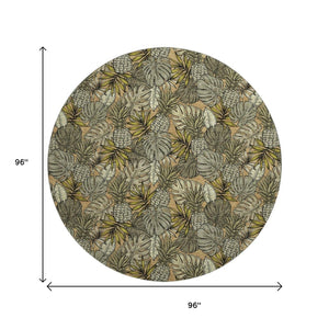 HomeRoots 8' Khaki Gray & Yellow Geometric Round Rug - Washable, UV-Protected, Soft & Durable for Modern Spaces 646370