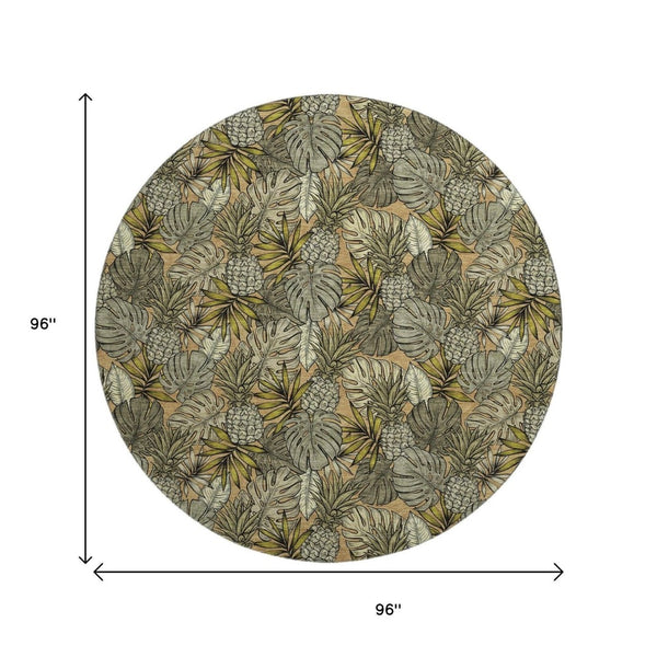 HomeRoots 8' Khaki Gray & Yellow Geometric Round Rug - Washable, UV-Protected, Soft & Durable for Modern Spaces 646370