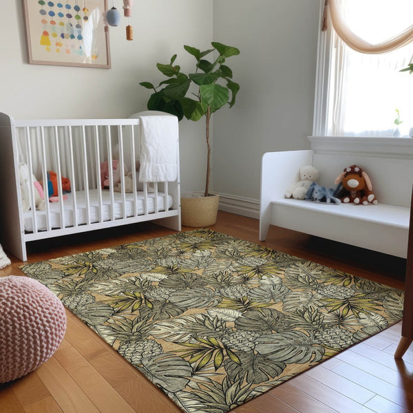 HomeRoots 8' X 10' Modern Khaki Gray & Yellow Geometric Washable Area Rug with UV Protection for Homes 646371