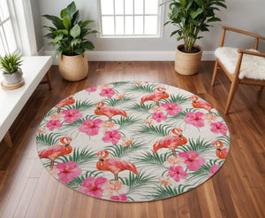HomeRoots 8' Washable Pink, Ivory & Green Geometric Round Rug with UV Protection for Indoor & Outdoor Use 646376