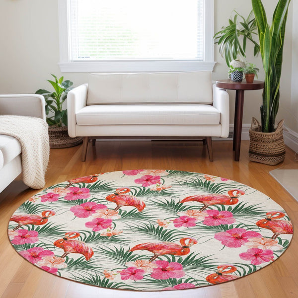 HomeRoots 8' Washable Pink, Ivory & Green Geometric Round Rug with UV Protection for Indoor & Outdoor Use 646376