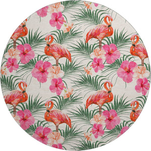 HomeRoots 8' Washable Pink, Ivory & Green Geometric Round Rug with UV Protection for Indoor & Outdoor Use 646376
