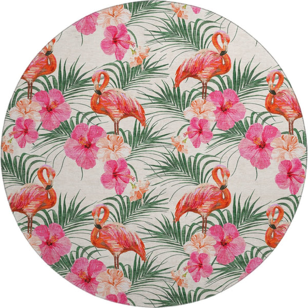 HomeRoots 8' Washable Pink, Ivory & Green Geometric Round Rug with UV Protection for Indoor & Outdoor Use 646376