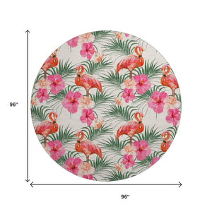 HomeRoots 8' Washable Pink, Ivory & Green Geometric Round Rug with UV Protection for Indoor & Outdoor Use 646376