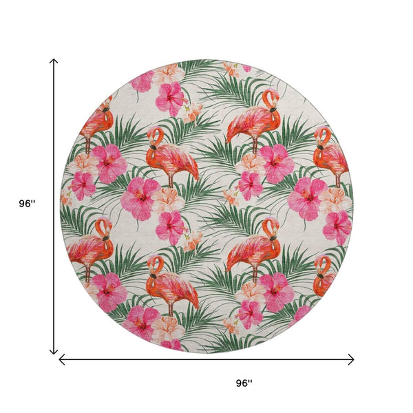 HomeRoots 8' Washable Pink, Ivory & Green Geometric Round Rug with UV Protection for Indoor & Outdoor Use 646376