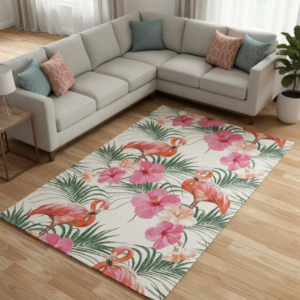 HomeRoots 8' X 10' Stylish Pink, Ivory & Green Geometric Area Rug – Washable, UV-Protected & Pet-Friendly! 646377