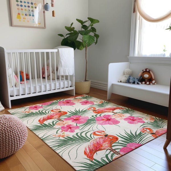HomeRoots 8' X 10' Stylish Pink, Ivory & Green Geometric Area Rug – Washable, UV-Protected & Pet-Friendly! 646377