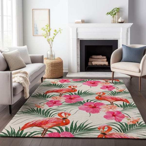 HomeRoots 8' X 10' Stylish Pink, Ivory & Green Geometric Area Rug – Washable, UV-Protected & Pet-Friendly! 646377