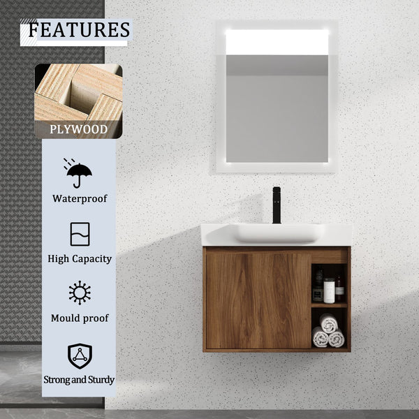 English Elm 28'' 28" Wall-Mounted Bathroom Vanity with White Ceramic Sink, Soft-Close Door, Open Shelves, KD-Pack W999P263409