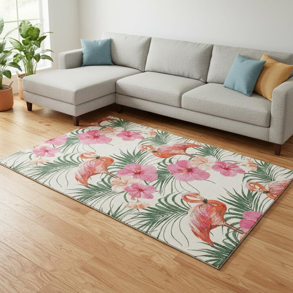 HomeRoots 9' Vibrant Pink, Ivory & Green Geometric Washable Area Rug with UV Protection for Active Homes 646378