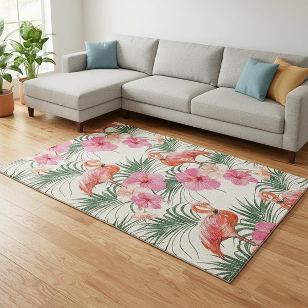 HomeRoots 9' Vibrant Pink, Ivory & Green Geometric Washable Area Rug with UV Protection for Active Homes 646378