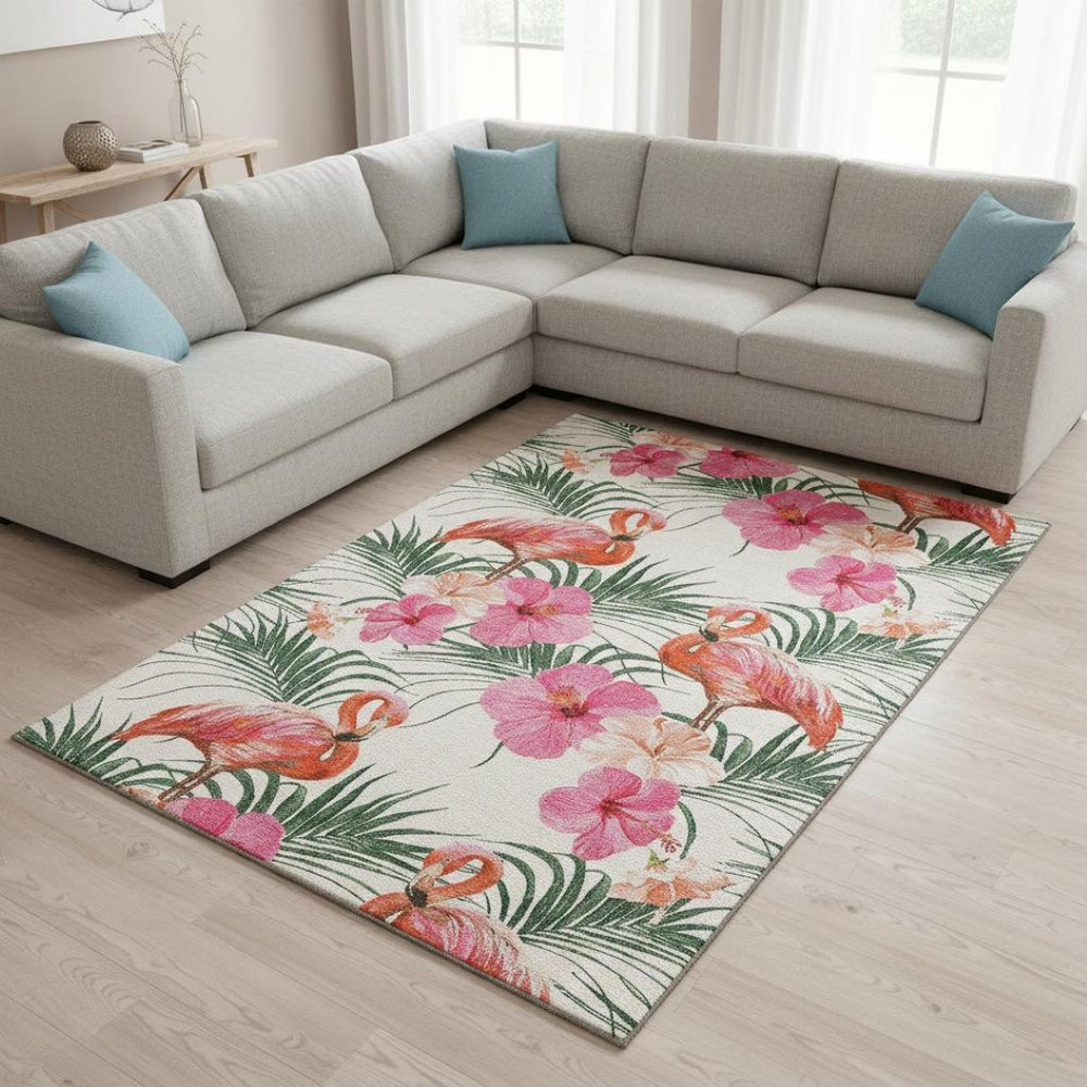 HomeRoots 10' X 14' Pink Ivory Green Geometric Area Rug – Washable, UV Protected, Perfect for Busy Homes! 646379