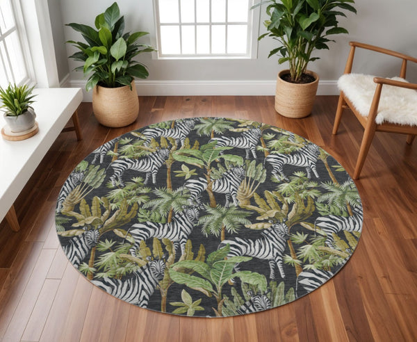 HomeRoots 8' Washable Round Rug in Midnight Green & Brown - UV Protected, Stain Resistant, Modern Design 646382